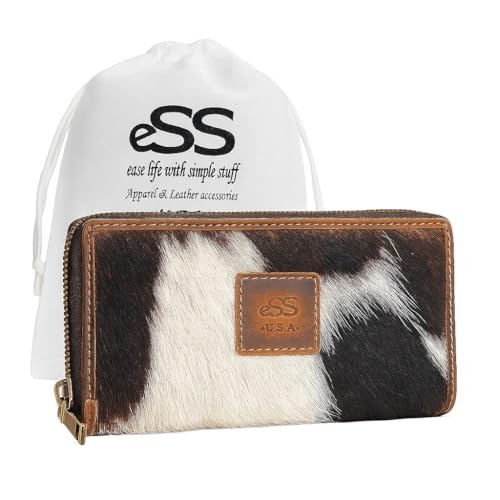 eSS Real Cowhide Leather Wallets for Women - Zipper Western Purse RFID Blocking - Clutch wallet for women - 8 credit card slot with zippered pocket- Best Gifts (‎7.25 x 3.75) inches