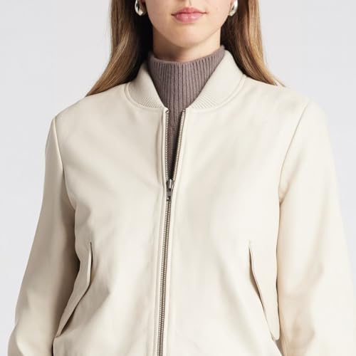 Women's Cream Leather Bomber Jacket – Classic Zip-Up Lightweight Moto Coat with Ribbed Cuffs & Hem – Stylish Casual Outerwear2