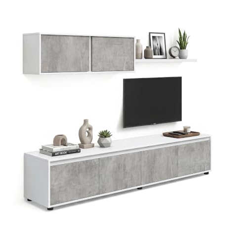 duehome | Conjunto Reversible de Salon, Mueble de TV, Modulos de Comedor, Modelo Arlet, Acabado en Blanco Artik y Cemento, Medidas: 200 cm (Largo) x 41 cm (Fondo) 43 cm (Alto)