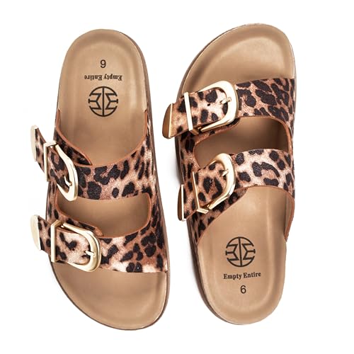 E E EMPTY ENTIRE Womens Cork Sandals with Arch Support Fashion Slides with Double Oversized Metal Buckle and Soft Microfiber Suede Upper Comfortable Sandals for Women Leopard Size 7