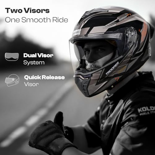 Image of STUDDS Trooper D4 Race ISI and DOT Certified Flip-Up Helmet with Dual Visor and Spoiler (Black Orange N4 - XL)