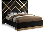 Meridian Furniture VectorBlack-K Vector Collection Modern | Contemporary Velvet Upholstered Bed, Custom Gold Metal Base and Polished Gold Metal Design, 97.5' W x 85.5' D x 68' H, Black, King