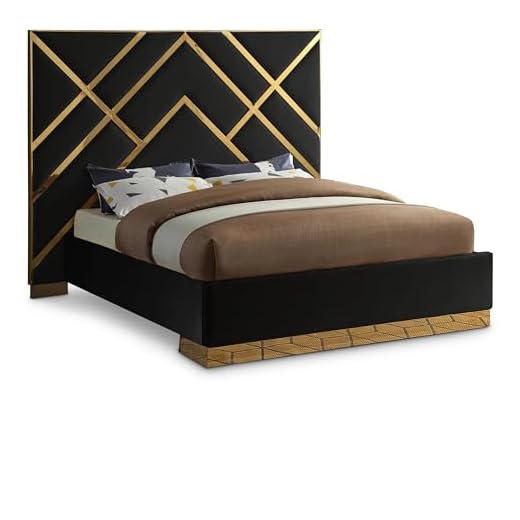 Meridian Furniture Vector Collection Modern | Contemporary Upholstered Bed with Custom Base and Polished Gold Metal Design, King, Black