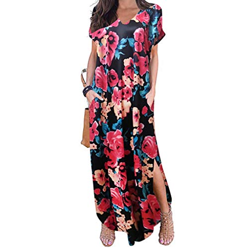 Sunnywill Women Dress, Women's Casual Sleeve V-Neck Print Maxi Tank Long Dress Womens Popular British Style Midi Dress Wedding Dress Pink