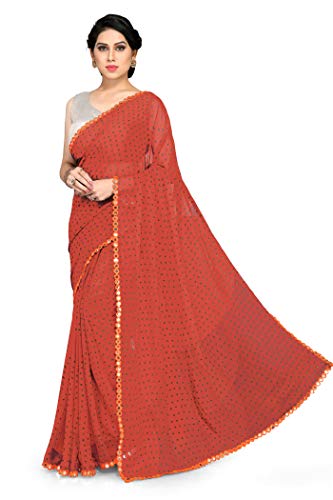 Sourbh Orange Faux Georgette Polka Dots Print Saree for Women
