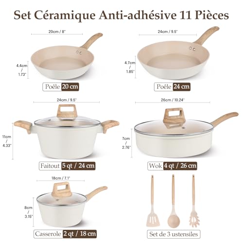 Batterie de cuisine 11 pièces en céramique antiadhésive couleur crème - Set casseroles et poêles compatible tout feux dont induction – Image 3