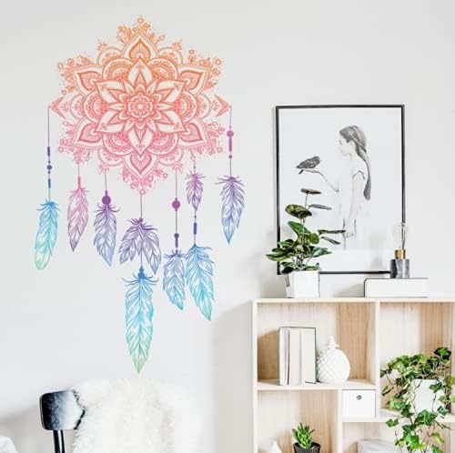 GADGETS WRAP Mandala Wall Decal Colorful Dream Catcher Feathers Lotus Wall Stickers (31.5 in H x 18.5 in W) Vinyl 1