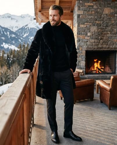 Image of Long Faux Fur Coat Outwear Black Winter Parka Overcoat for Men