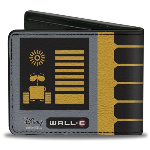 Buckle-Down Men's Disney Wallet, Bifold, Wall E Pose Tread Solar Charge Level Icon Gray Yellow Black, Vegan Leather, 4.0" x 3.5"2