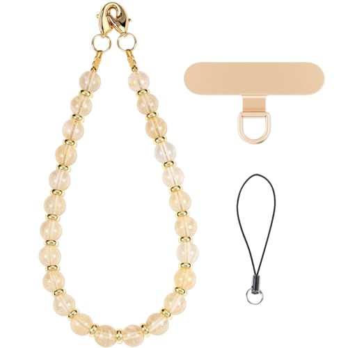 CH.yishi Gemstone Beaded Phone Charm Wrist Strap with Steel Cable Core Stringing, Detachable Phone Bracelet Strap with Metal Tether Tab (Smoky Quartz)