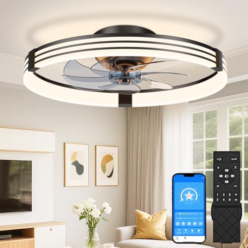 VOLISUN Low Profile Ceiling Fans with Lights and Remote, 20in Flush Mount Ceiling Fan with Light, 3000K-6500K Dimmable Fandelier LED Fan Light, Black Bladeless Ceiling Fans with Lights for Bedroom - image 1