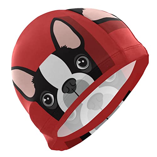 Oyihfvs Boston Terrier in Red Custom Men Swim Cap, High Elasticity Swimming Cap, Stylish Lightweight Swim Hat for Adult Men Teens Swimming Water Sports