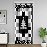Manfei Weihnachts Pinienbaum Tür Vorhang (1 Panel),Geometrische bezahlte Schneeflocke Tür Privatsphäre Vorhang für Schlafzimmer Küche Dekor,Schwarz Weiß Grau Schrankvorhang, H203 x B132 cm