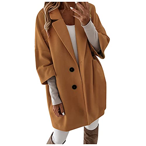 EOPUING Women's Winter Trench Wool Pea Coats Basic Breasted Lapel Slim Long Sleeve Fall Warm Elegant Mid-Long Jacket with Belt Buckle Wool Blend Pea Coat Overwear(B-Khaki,Medium)