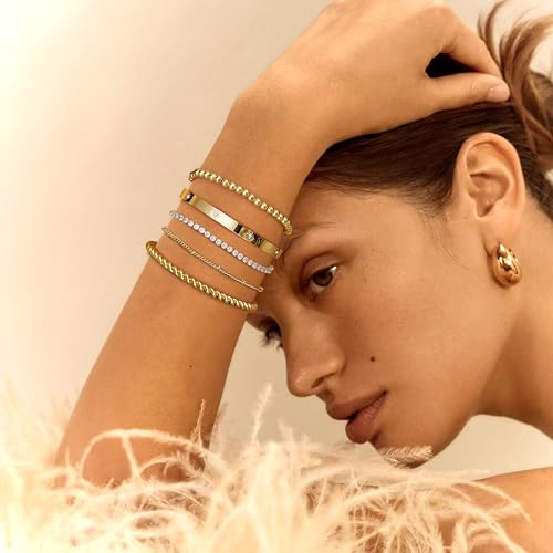 Fansilver Gold Bracelets for Women 14k Real Gold Bangle Cuff Bracelet Set Gold Plated Beaded Paperclip Cuban Chain Bracelet Cubic Zirconia Tennis Bracelet for Women Stack2