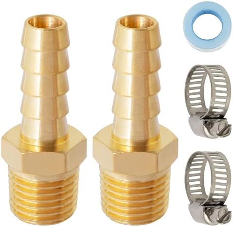 SUNGATOR Brass Hose Fittings, 5/16" Barb x 1/4" Male NPT, Hose Barb Male End Thread Pipe Adapter Fittings Connector with Sealing Tape and Hose Clamps (2 Pack)