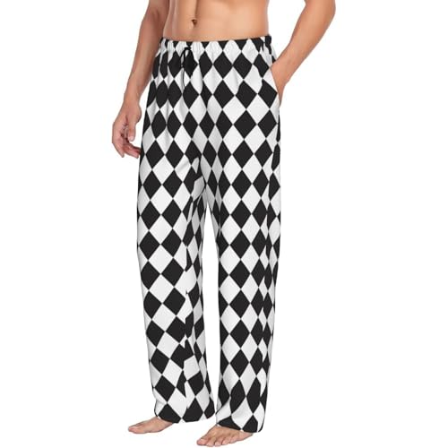 Mens Pajama Pants - Black White Harlequin Print Soft Sleep Lounge Pants For Men, Casual Pj Bottoms With Pockets