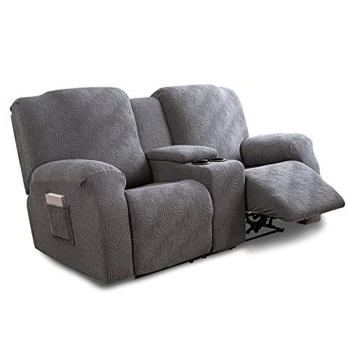YUEANG Recliner Loveseat Cover with Center Console, 2 Seater Leopard Recliner Sofa Slipcover with Pockets Washable Stretch Reclining Couch Covers Furniture Protector with Elastic Straps (Dark Gray)