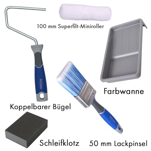 Mäster Roller- und Pinselset für Möbel – Serie Superior – Komplett-Set mit 100 mm Superfilt-Minirolle, 50 mm Lackpinsel, Bügel, Schleifklotz und Farbwanne – Für das Streichen und Renovieren von Möbeln