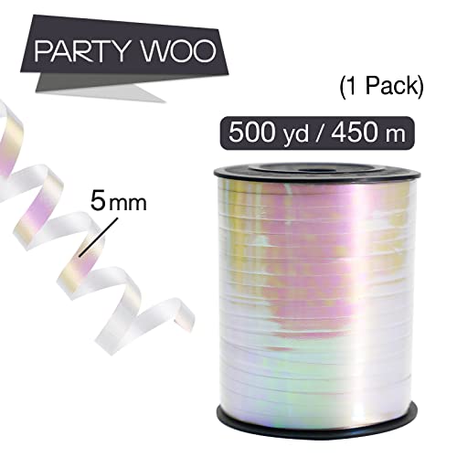 Image of PartyWoo White Ribbon, 500 Yard Curling Ribbon for Crafts, Balloon Ribbon, Iridescent Color Ribbon for Gift Wrapping, Holographic Ribbon for Balloons String, Hair, Florist Flower (1 Roll)