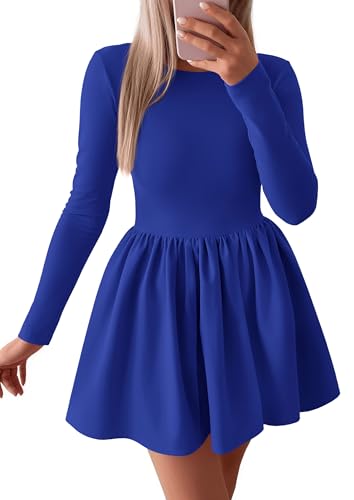 PRETTYGARDEN Women's Long Sleeve Mini Dresses 2025 Fall Casual Crewneck Pleated A Line Party Cocktail Short Dress with Pocket (Royal Blue,M)