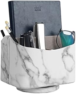 Remote Control Storage Rack, HofferRuffer PU Leather Desktop Holder, Rotating Holder with 5 Containers, Compartments for TV Guide/Mail/CD Organiser/Caddy/Holder Media Storage Box 18.7 x 14 x 15 cm