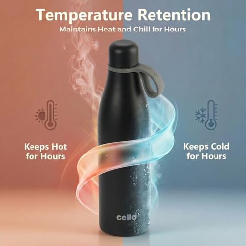Image of CELLO Duro Oxy Stainless Steel Flask 900 ml Black | Easy to Pour & Fill, Spill Proof Leakproof Vacuum Insulated Hot and Cold Thermos Water Bottle for School College Office Gym Trekking Biking & Travel