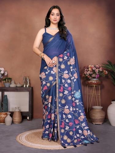 Image of SAMANTHA Black Floral Print Ready to Wear Linen Saree with Pocket & Adjustable Belt