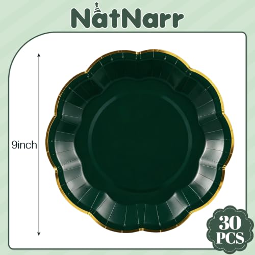 Image of 30 Pcs Green Plates with Gold Trim 9 Inch Scalloped Paper Dinner Plates