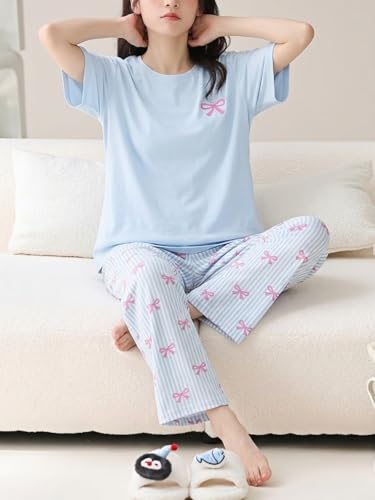 Image of SHIENZY Women Korean Style Night Suit | Round Neck Short Sleeve Cute Printed Cotton Pajama Set for Girls & Women | Soft Nightwear, Loungewear, Sleepwear for Women | Full Pyjama Set | Co-ord Set