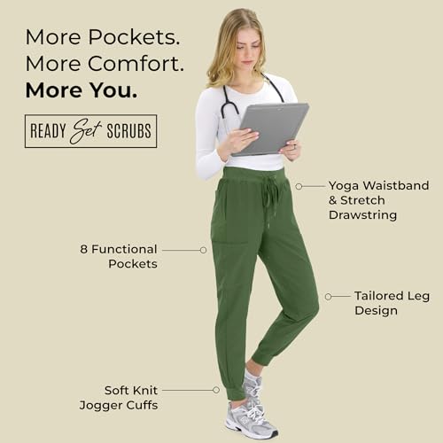 Image of READY SET SCRUBS - Scrub Pants for Women - 2 Pack - Cargo Jogger Pants Set with 8 Pockets - Yoga Waistband - Soft & Stretchy