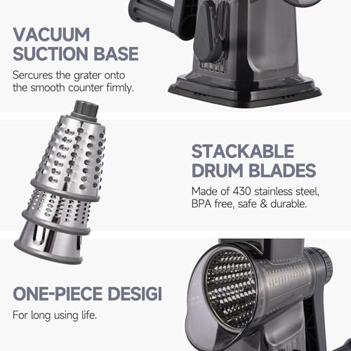 Image of Rotary Cheese Grater with Handle Kitchen Shredder Slicer Grater Slicer Ice Shaver Cheese Vegetable Nuts Potato Zucchini Chocolate 3 Interchangeable Blades (Dark Grey TSP)