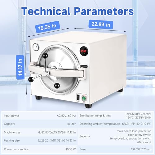 Exquimac 18L Autoclave Sterilizer - Industrial-Grade Steam Sterilizer Machine with Dual Temp Modes, Precision Gauge
