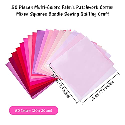 50 Pieces Multi-Colors Fabric Patchwork Cotton Mixed Squares Bundle Sewing Quilting Craft, 50 Colors (20 x 20 cm)