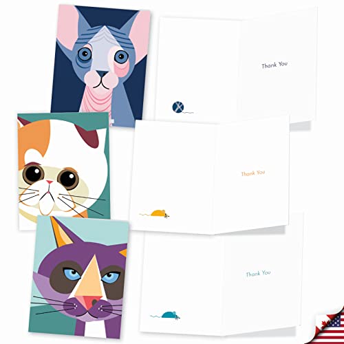 Image of The Best Card Company 10 Assorted Thank You Cat Lovers Notes Bulk Box Set 4 x 5.12 Inch with Envelopes (10 Designs, 1 Each) For Men and Women, Cubic Cats M6730TYG