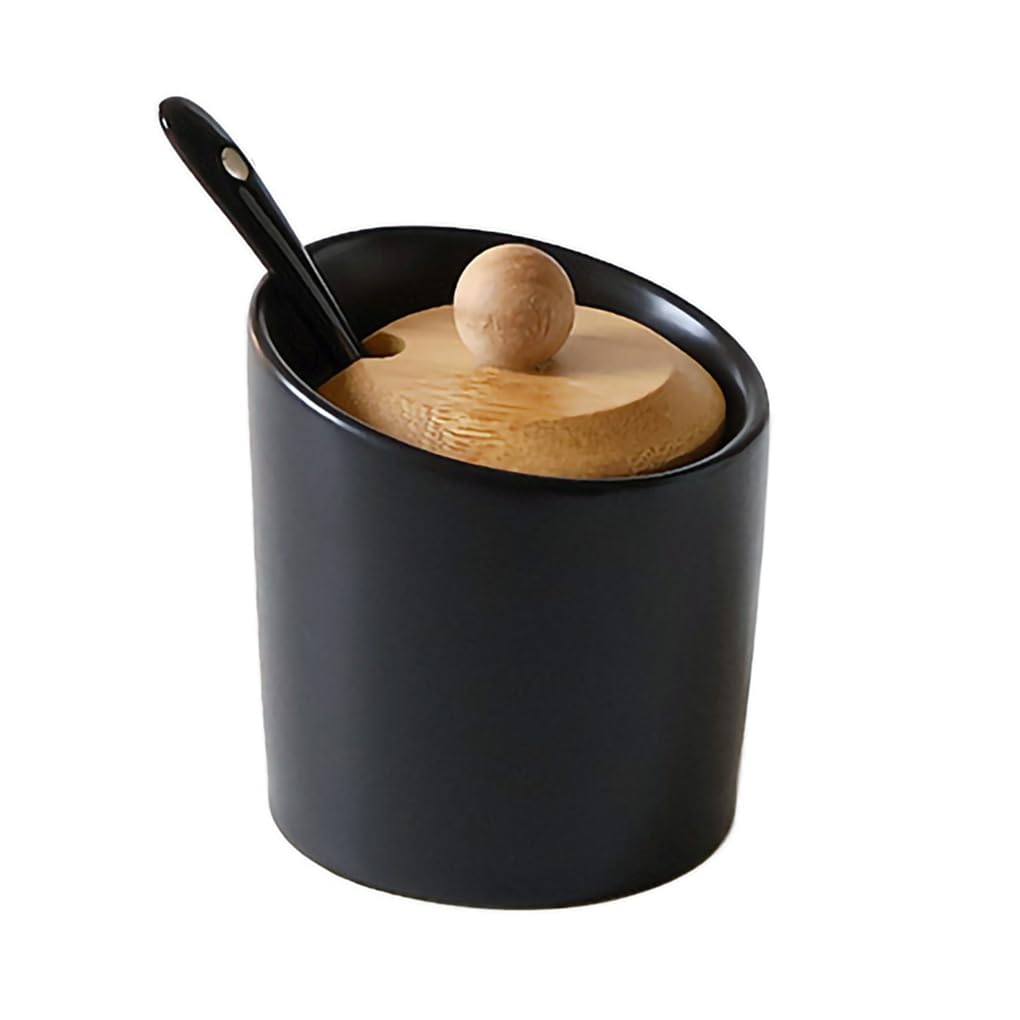WAIT FLY Simplicity Ceramic Sugar Bowl with Bamboo Lid and Spoon, Sugar Container, Sugar Jar for Kitchen Countertop, Coffee Bar-Black