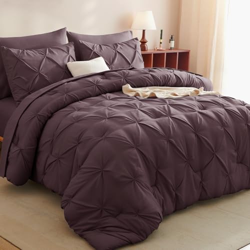 CozyLux Queen Comforter Set Cocoa Powder, 7 Pieces Pintuck Bed