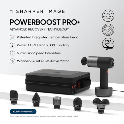 Image of Sharper Image Deep Tissue Percussion Massage Gun, Powerboost Pro+ Hot & Cold Rechargeable Handheld Massager, 6 Adjustable Speeds, 6 Attachment Heads & Carrying Case, Muscle Pain Relief, Black