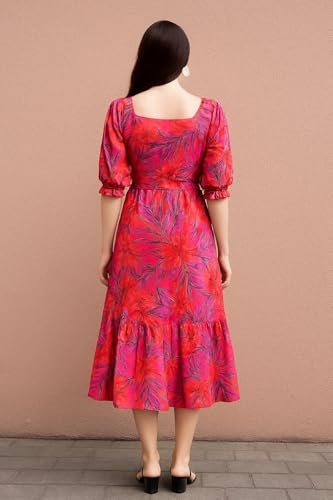 Image of Shasmi Women Women's Floral Printed Midi Dress - Puff Sleeve, Square Neck, A-Line Fit & Flare Casual Outfit