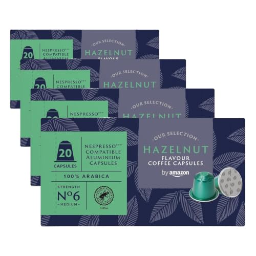 by Amazon Cápsulas de Aluminio de Café Sabor Avellana Compatibles con Nespresso, 20 Unidades (1 Paquete de 80), Certificadas por Rainforest Alliance