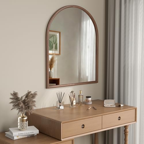 Image of 30 inchx36 inch Arch Wall Mirror for Wall, Wall Mounted Vanity Mirror for Bedroom, Wood Grain Finish Frame Mirror with Tempered Glass, Vintage Decorative for Bathroom, Entryway, Living Room, Walnut