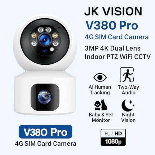 Image of JK VISION V380 Pro 4G SIM Card Camera | 3MP 4K Dual Lens Indoor PTZ WiFi CCTV | AI Human Tracking, Two-Way Audio, Baby & Pet Monitor, Night Vision, Dual-Screen Smart Home Security Camera
