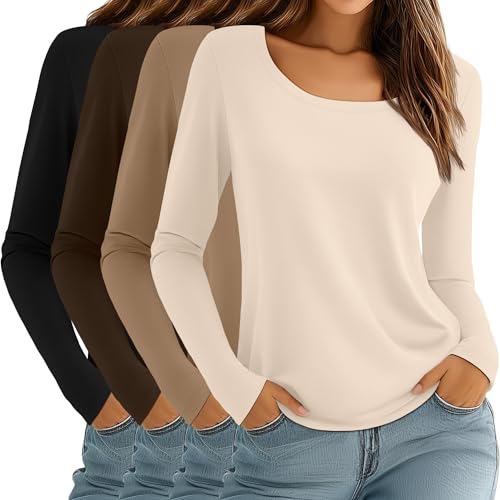 4 Pack Women's Scoop Neck Long Sleeve Tops, Loose Casual Cotton T-Shirts Fall Layer Trendy Basic Tee for Ladies