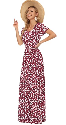 AUSELILY Damen Kurzarm Sommer Casual Long Maxi Kleider mit Taschen Rot geblümt 3XL 2
