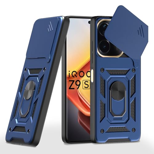 Image of Pikkme D10 Tough Armor Bumper Case | 360 Protection Case | Sliding Camera Shield Cover & Ring Holder Stand Back Cover for Vivo T3 Pro 5G / iQOO Z9s Pro 5G (Blue)