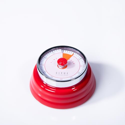 Image of Gibox Round Retro Kitchen Timer for Cooking (Red) Stainless Steel Magnetic Bottom Mechanical Loud Alarm, 60 Min Count Stopwatch for Time Management Analogue Clock Reminder for Various Activity