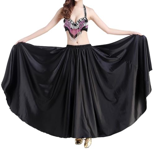 Baisdan - Gonna in Raso per Danza del Ventre, Costume da Festival, Gonna Lunga e Ampia, Nero, Taglia Unica