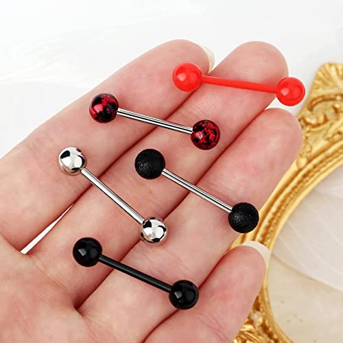 Jewseen 5PCS 14G 316L Stainless Steel Red Black Acrylic Balls Tongue Barbell Painting Tongue Rings Piercing3