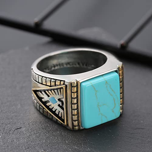 North American Indian God Beast Western Honor Thunderbird Feather Turquoise Two-Tone Ring Natural Turquoise Stone Gold Plated Turquoise Gemstone Ring Jewelry Anniversary Ring (Size 10)2
