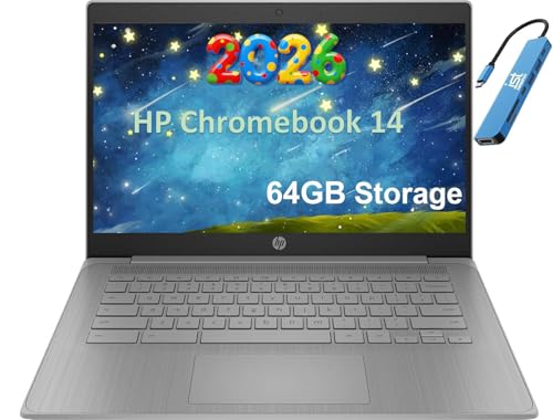 HP 14 Chromebook Laptop (14' HD, Intel 4-Core Celeron N4120, 4GB RAM, 64GB SSD, UHD Graphics 600) for Home & Student, Light Weight & 14-Hr Battery Life, Webcam, Wi-Fi, IST HUB, Chrome OS, Grey